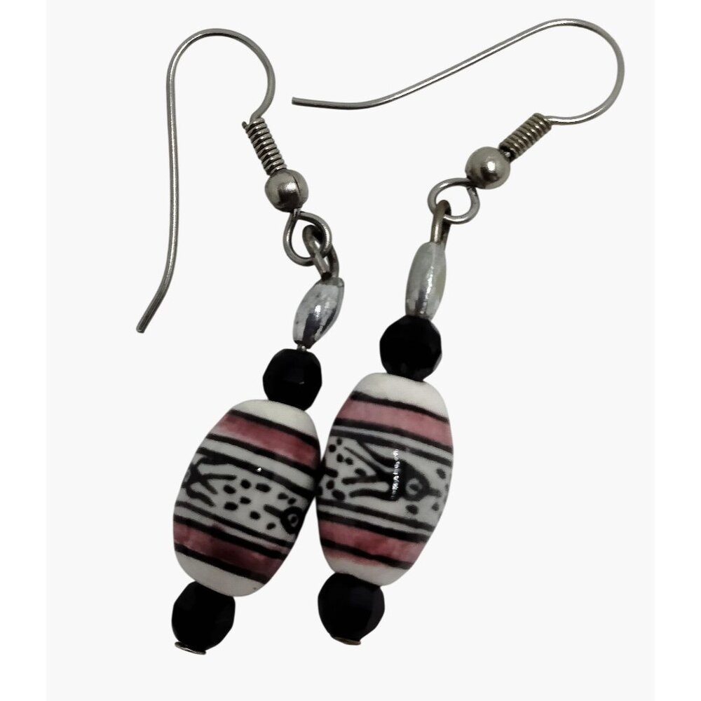 Earrings Southwest White Black Pink Ceramic Bead Hook Drop Dangle